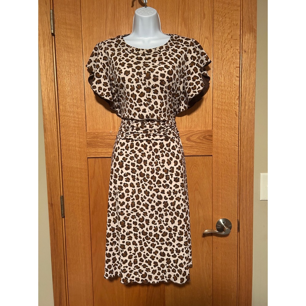 Tory Burch Leopard Print Flutter Sleeve Midi Dress Brown Tan Size Medium